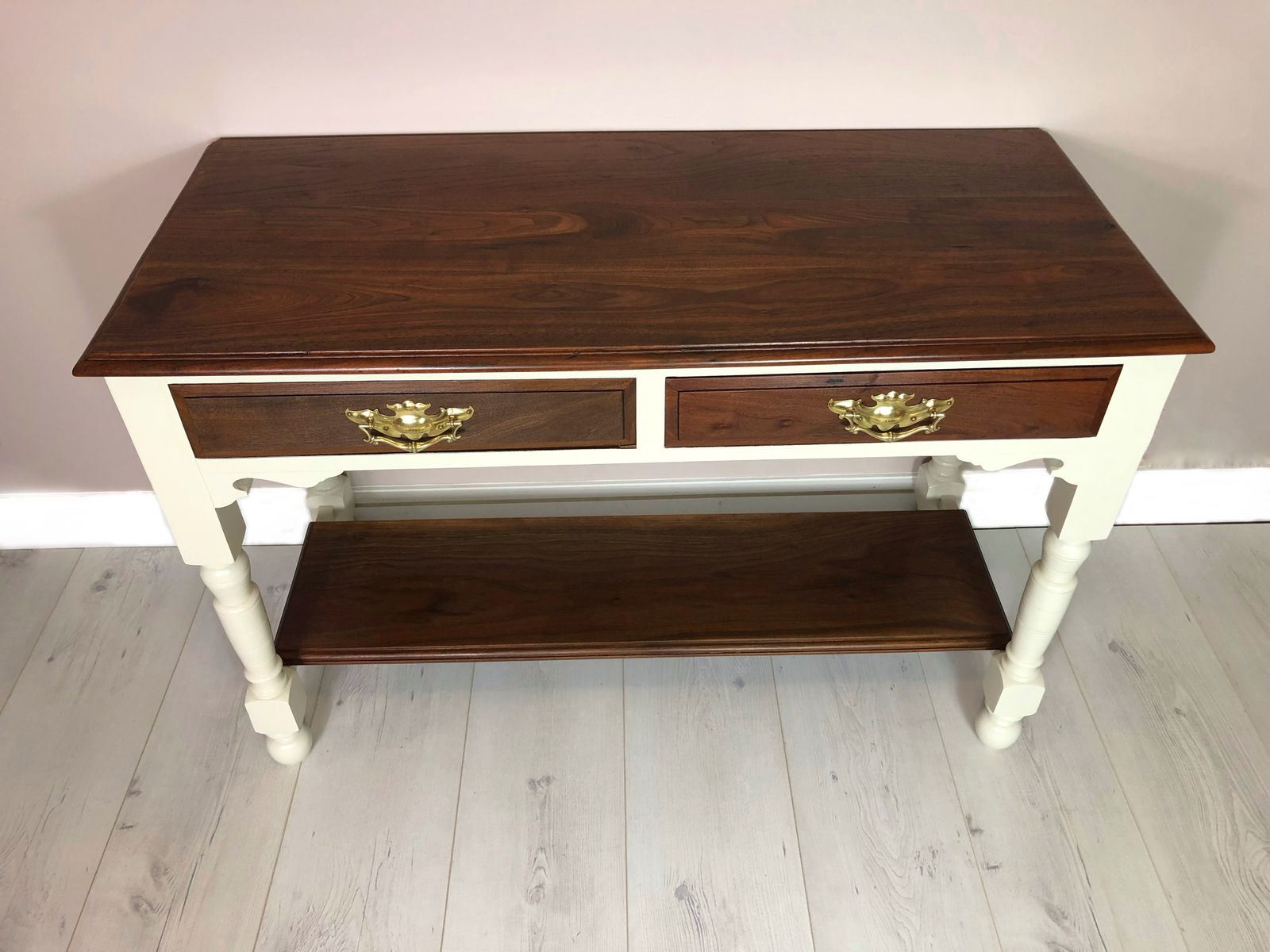 Oak Base And Mahogany Top Upcycled Hall Table /Console Table, Country Style Kitchen Island, Side Board, Hand Painted In Warm White Colour photo Furniture