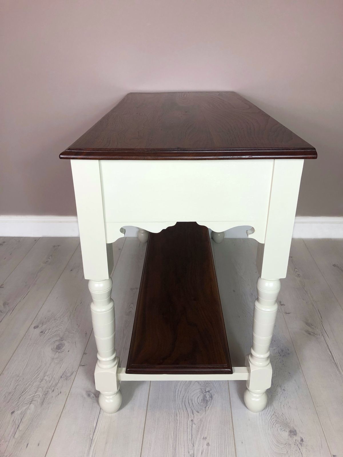 Oak Base And Mahogany Top Upcycled Hall Table /Console Table, Country Style Kitchen Island, Side Board, Hand Painted In Warm White Colour photo 495.0