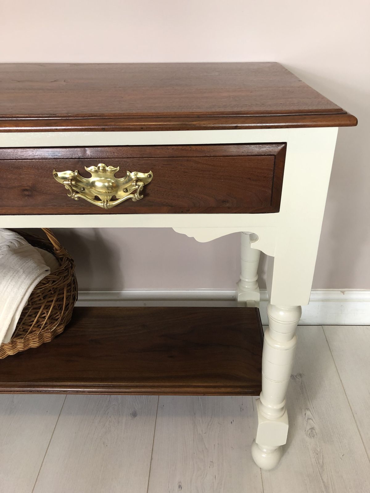 Oak Base And Mahogany Top Upcycled Hall Table /Console Table, Country Style Kitchen Island, Side Board, Hand Painted In Warm White Colour photo vinterior