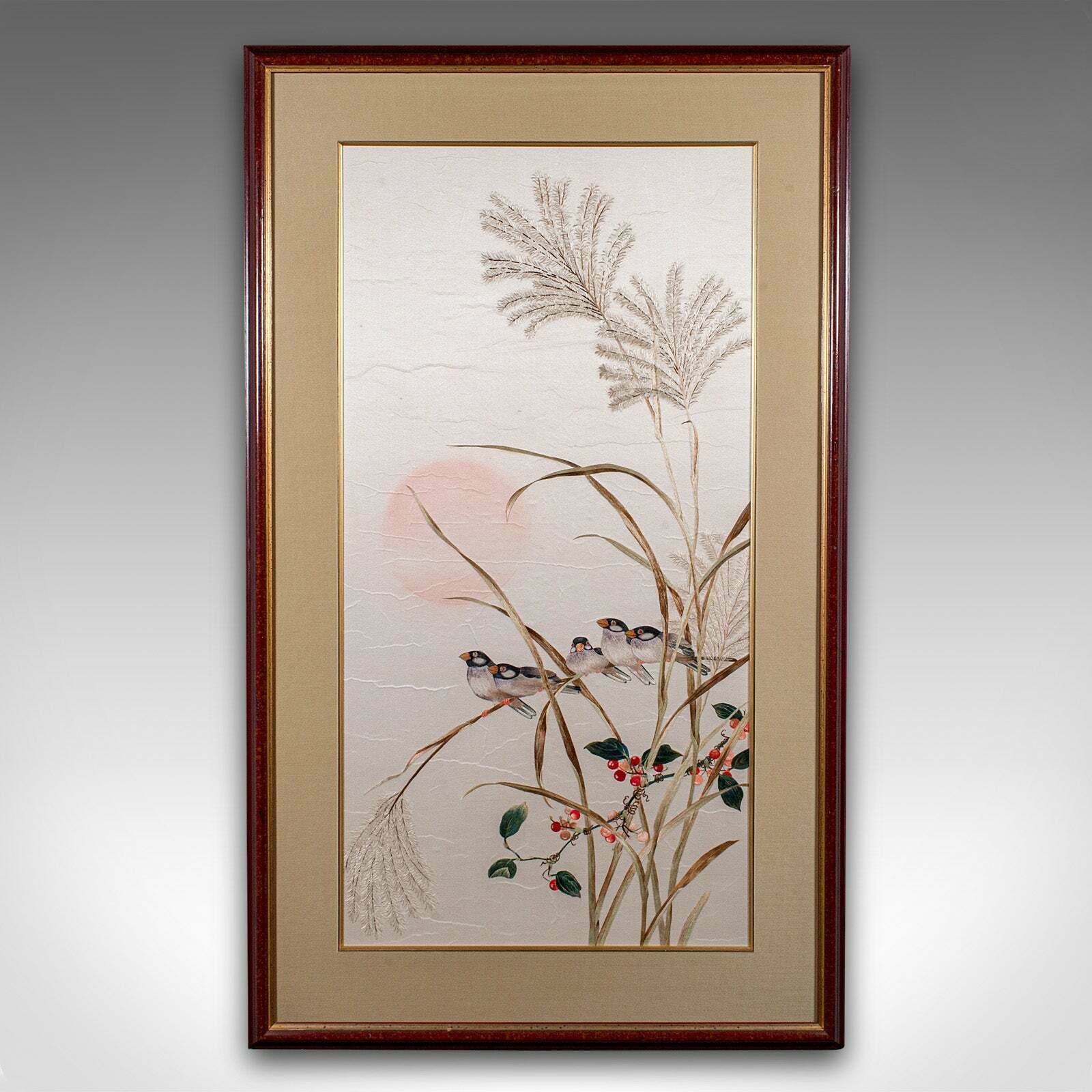 Vintage Wall Panel, Chinese, Silk Cotton, Embroidery, Display, Finch, Art Deco photo furniture