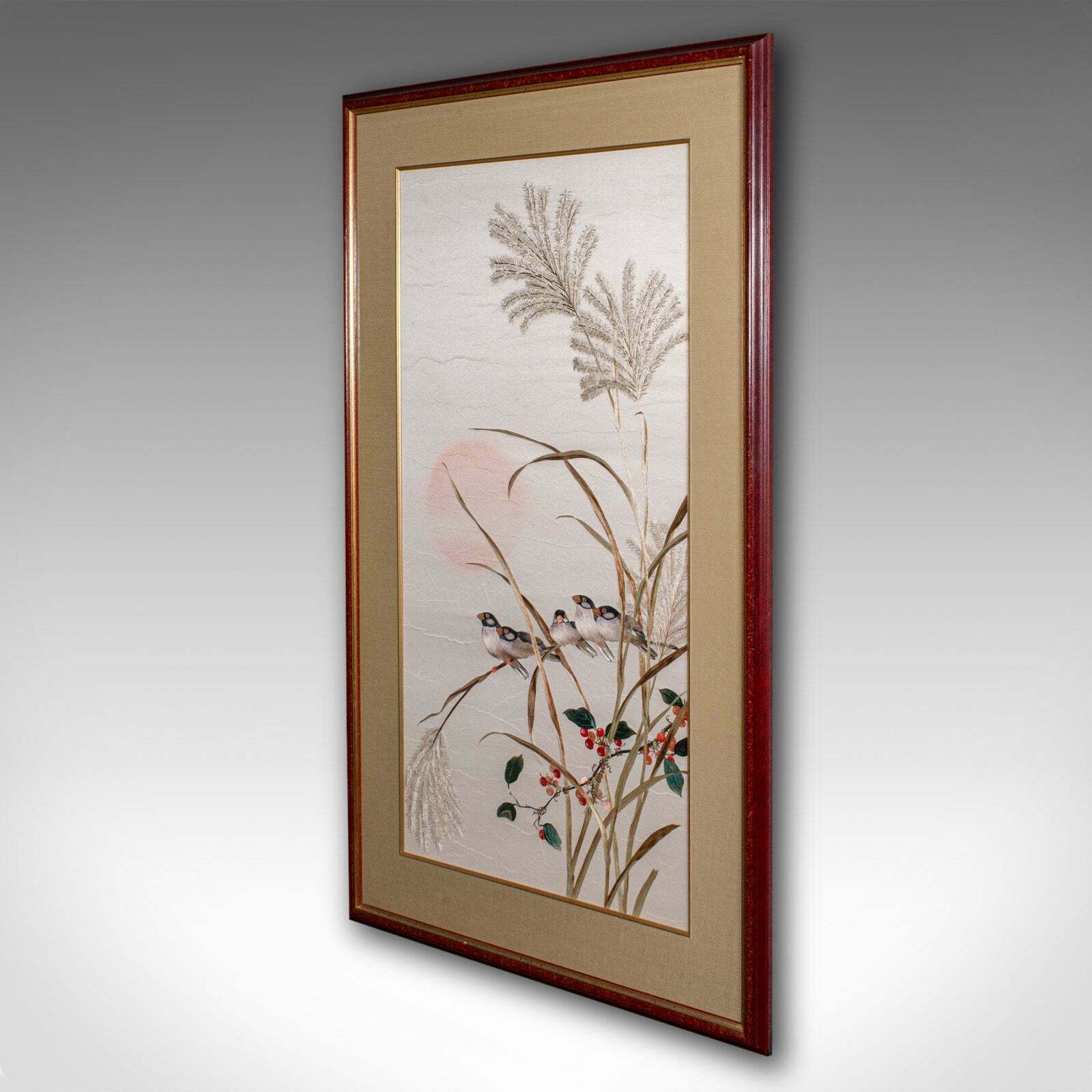 Vintage Wall Panel, Chinese, Silk Cotton, Embroidery, Display, Finch, Art Deco photo for sale