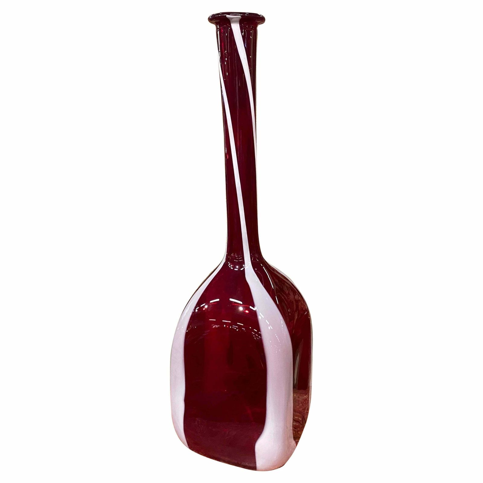 1980s Modernist Red And White Tall Murano Glass Bottle Vase By Carlo Moretti