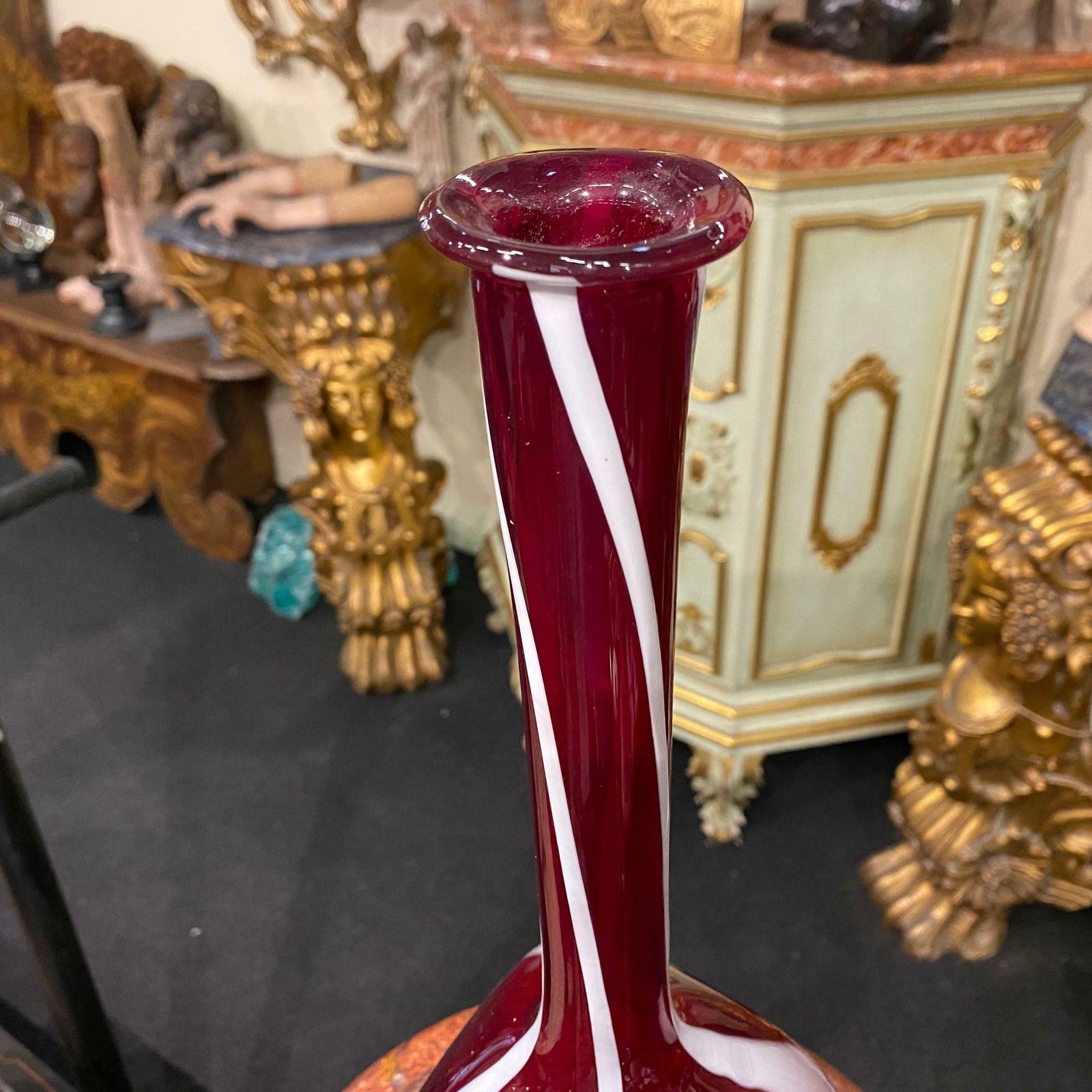 1980s Modernist Red And White Tall Murano Glass Bottle Vase By Carlo Moretti photo for sale