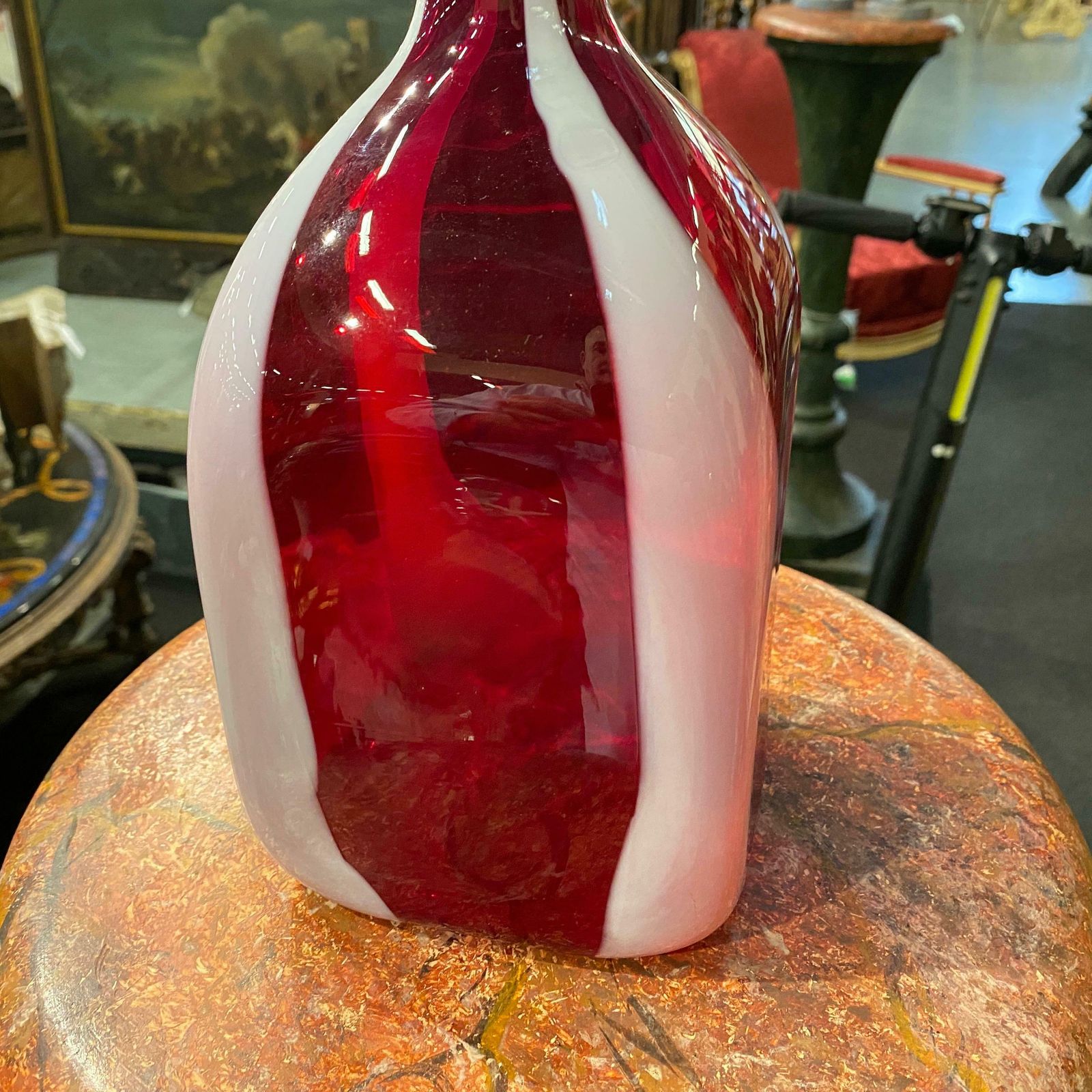 1980s Modernist Red And White Tall Murano Glass Bottle Vase By Carlo Moretti photo buy