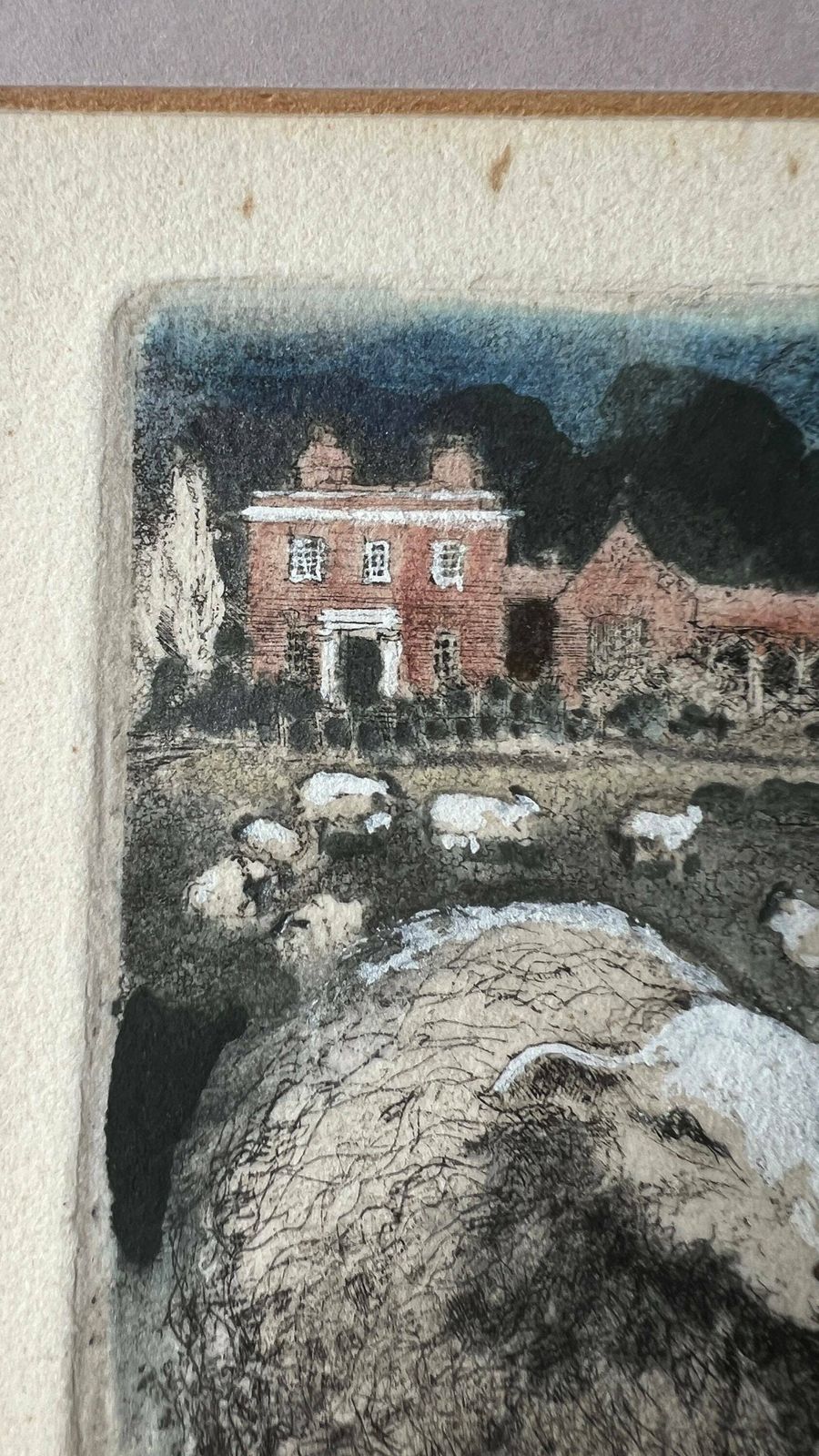 Mid 1900’s Hand Pulled And Coloured Engraving Picture Depicting Sheep And Farmhouse photo vintage