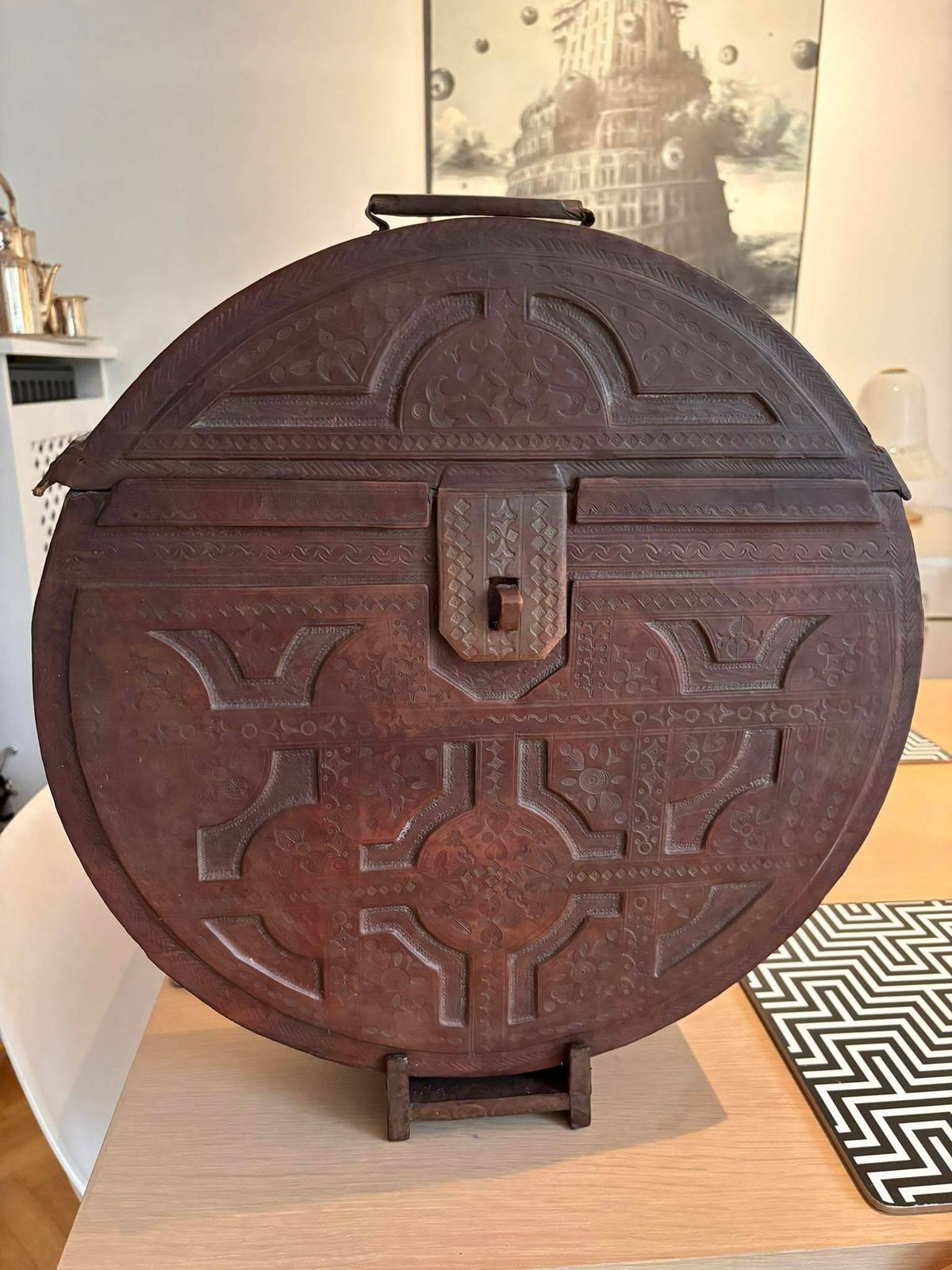 Tuareg Chest Box Tribal Large Round Leather Berber Nomadic Art Authentic Handmade African Art Desk Decor Ornament Collector Gift Unique photo for sale