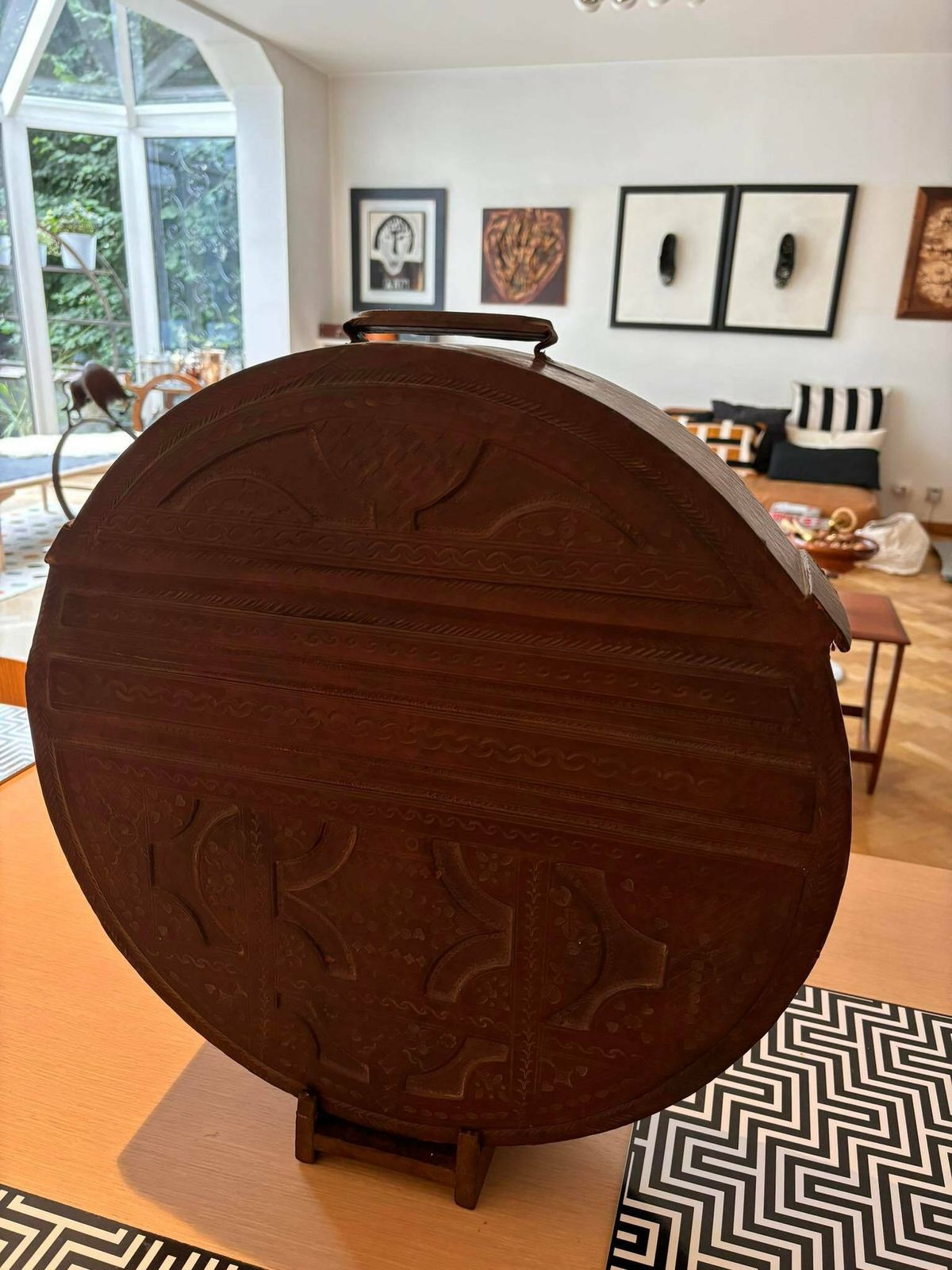 Tuareg Chest Box Tribal Large Round Leather Berber Nomadic Art Authentic Handmade African Art Desk Decor Ornament Collector Gift Unique photo Furniture