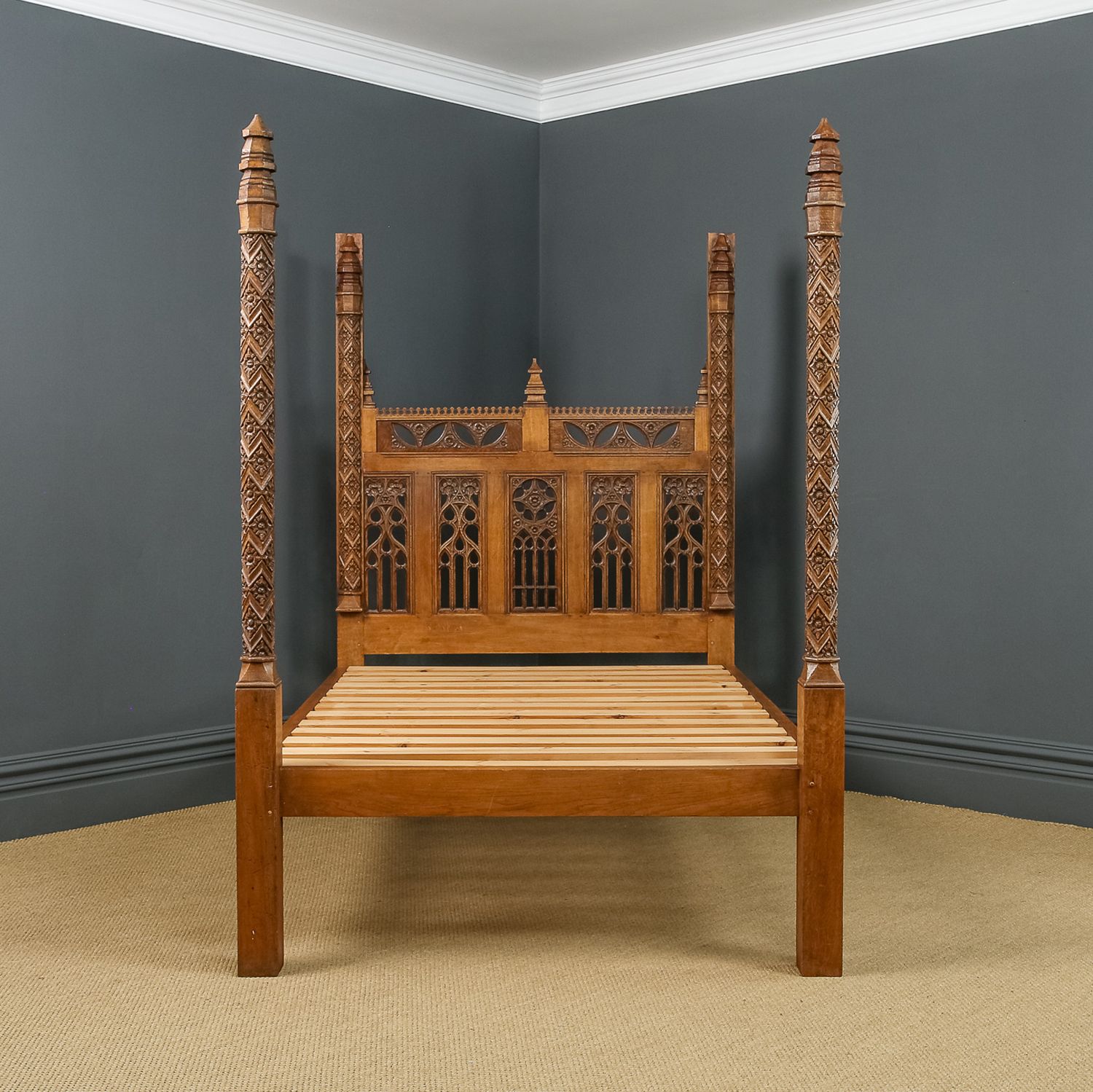 English 16th Century Gothic Pugin Style 5ft King Size Oak Carved  Bed (Circa 1930) photo Furniture