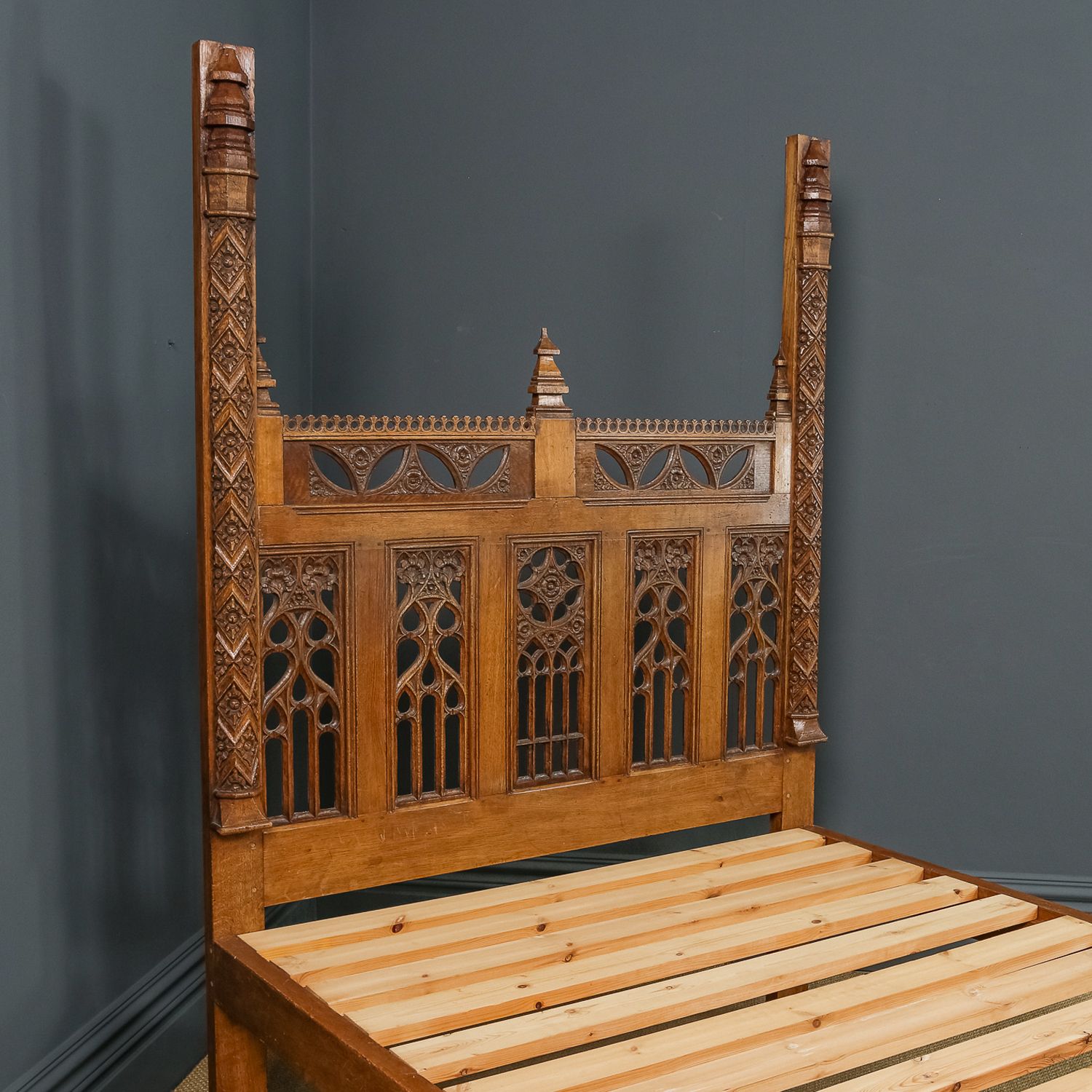 English 16th Century Gothic Pugin Style 5ft King Size Oak Carved  Bed (Circa 1930) photo buy