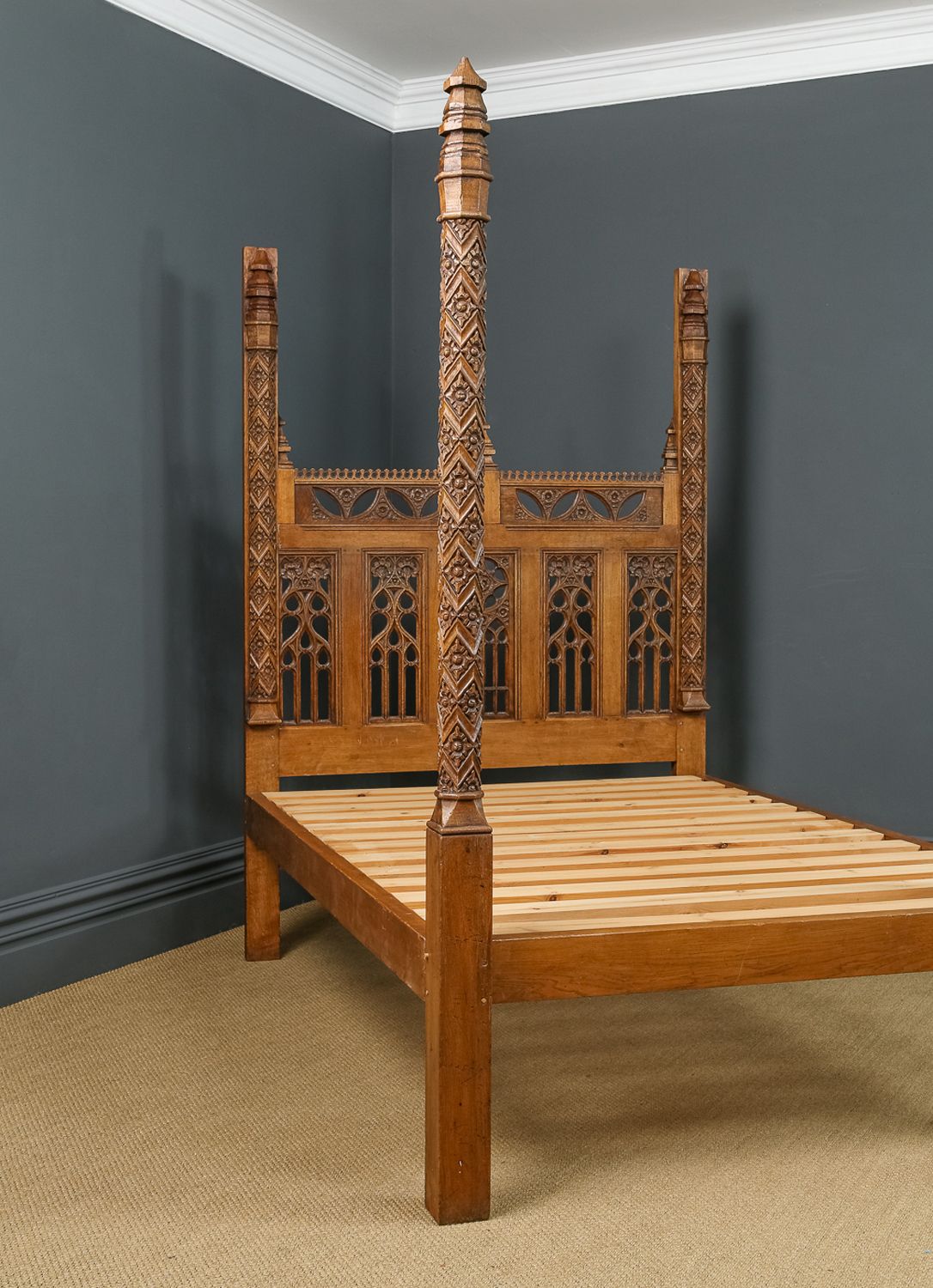 English 16th Century Gothic Pugin Style 5ft King Size Oak Carved  Bed (Circa 1930) photo vintage
