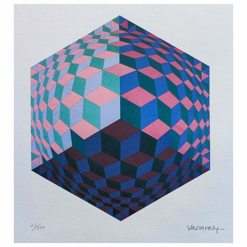 1970s Original Gorgeous Victor Vasarely Op Art Limited Edition Lithograph photo furniture
