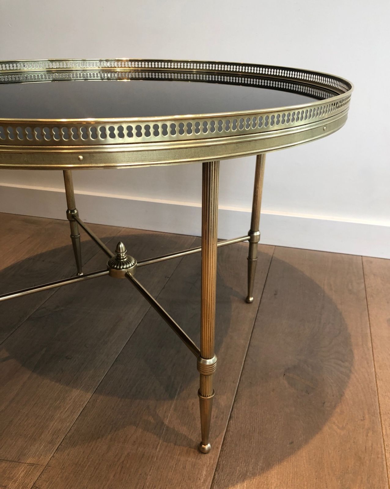 Round Coffee Table In Brass And Black Lacquered Glass Top By Maison Jansen photo vinterior
