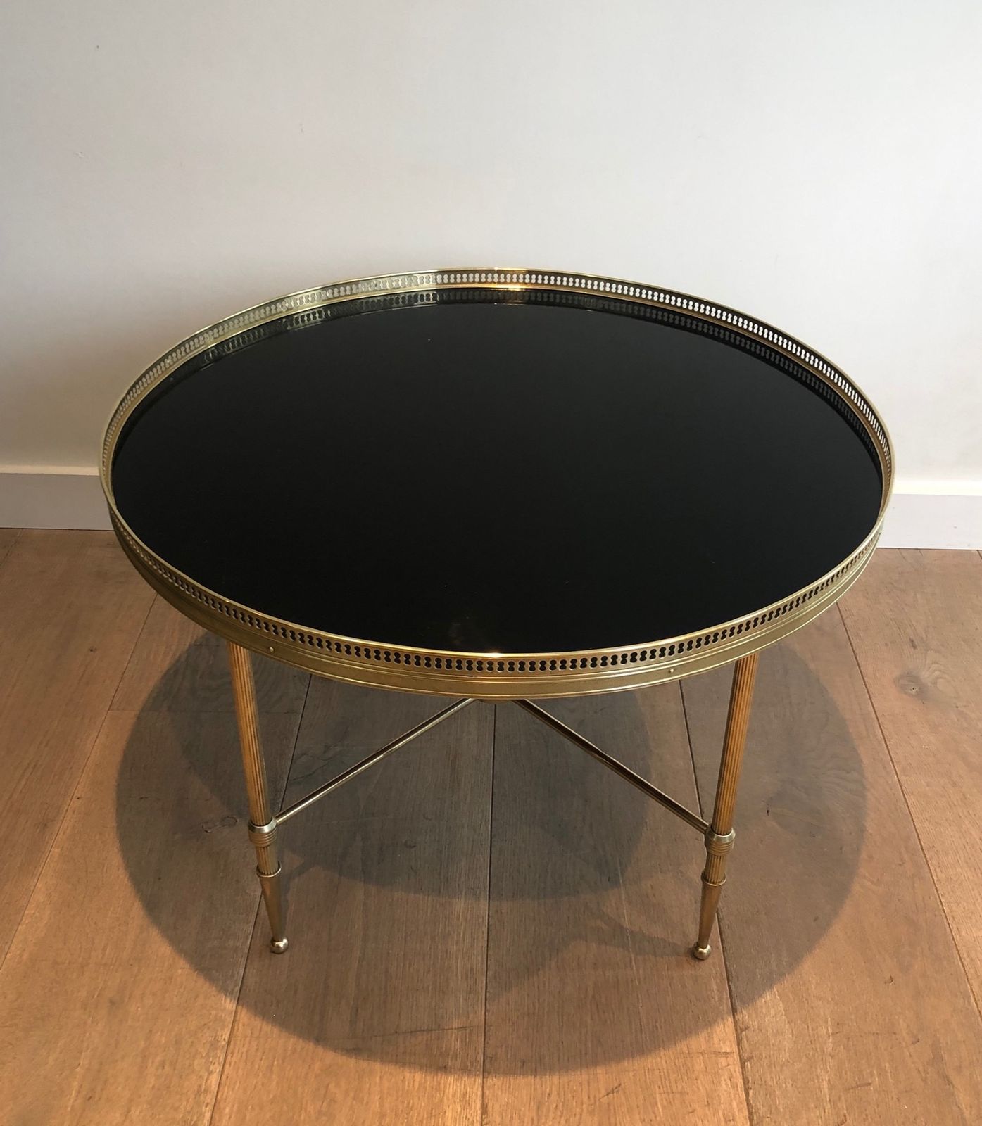 Furniture Round Coffee Table In Brass And Black Lacquered Glass Top By Maison Jansen photo