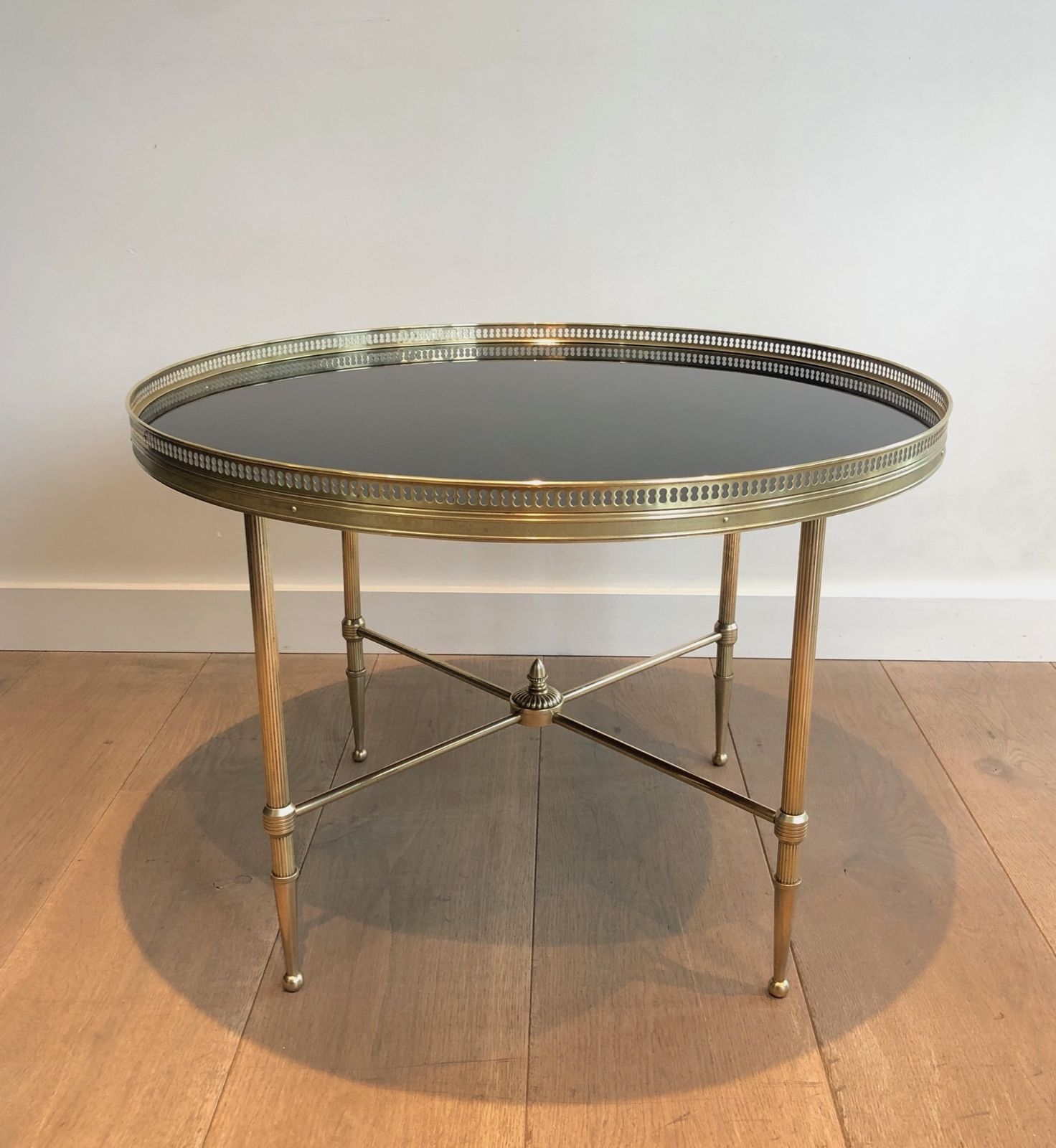 2250.0 Round Coffee Table In Brass And Black Lacquered Glass Top By Maison Jansen photo