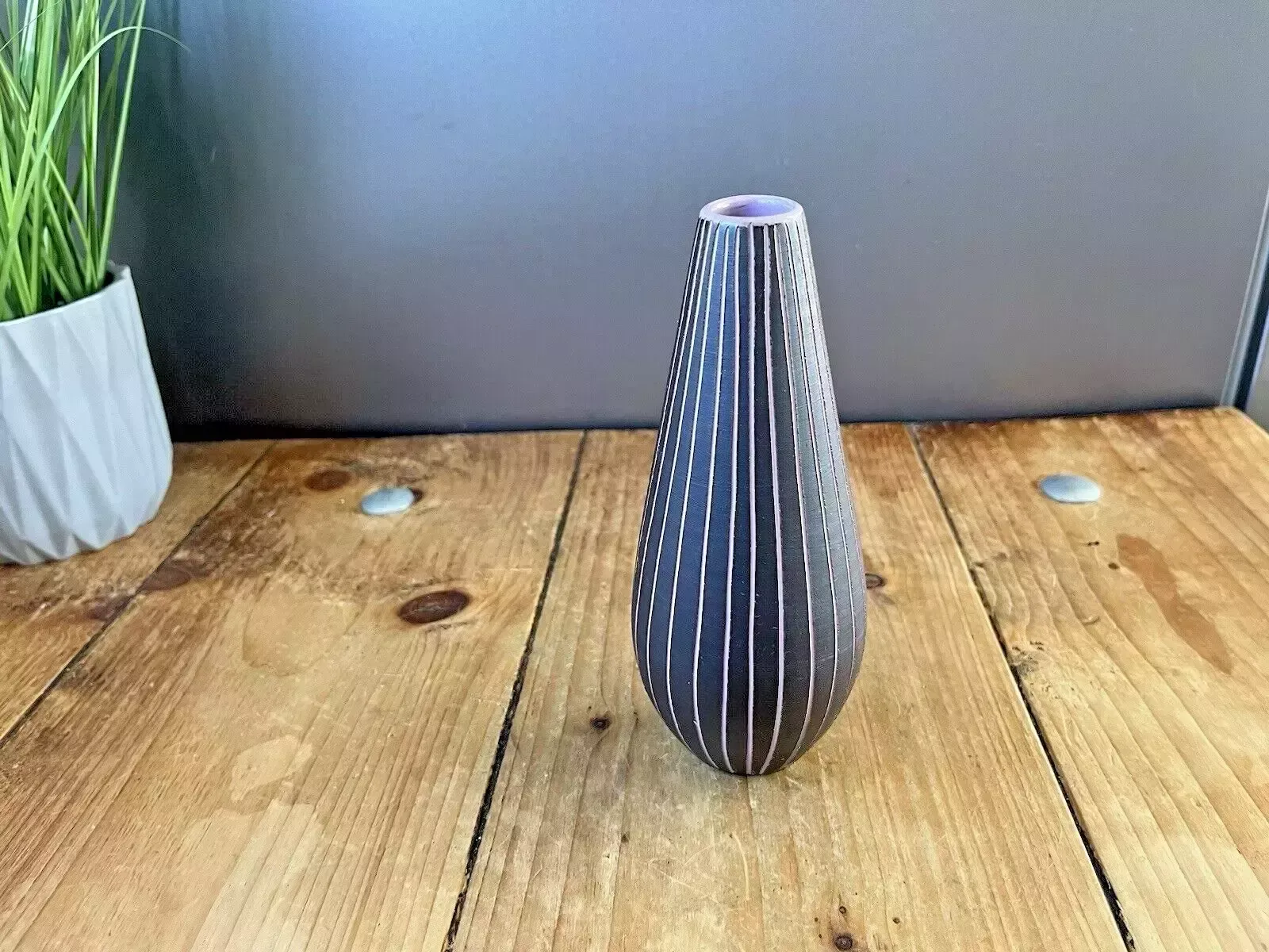70's Mid Century Modern Swedish Gabriel Lido Pinstripe Rockabilly Sgraffito Vase photo for sale