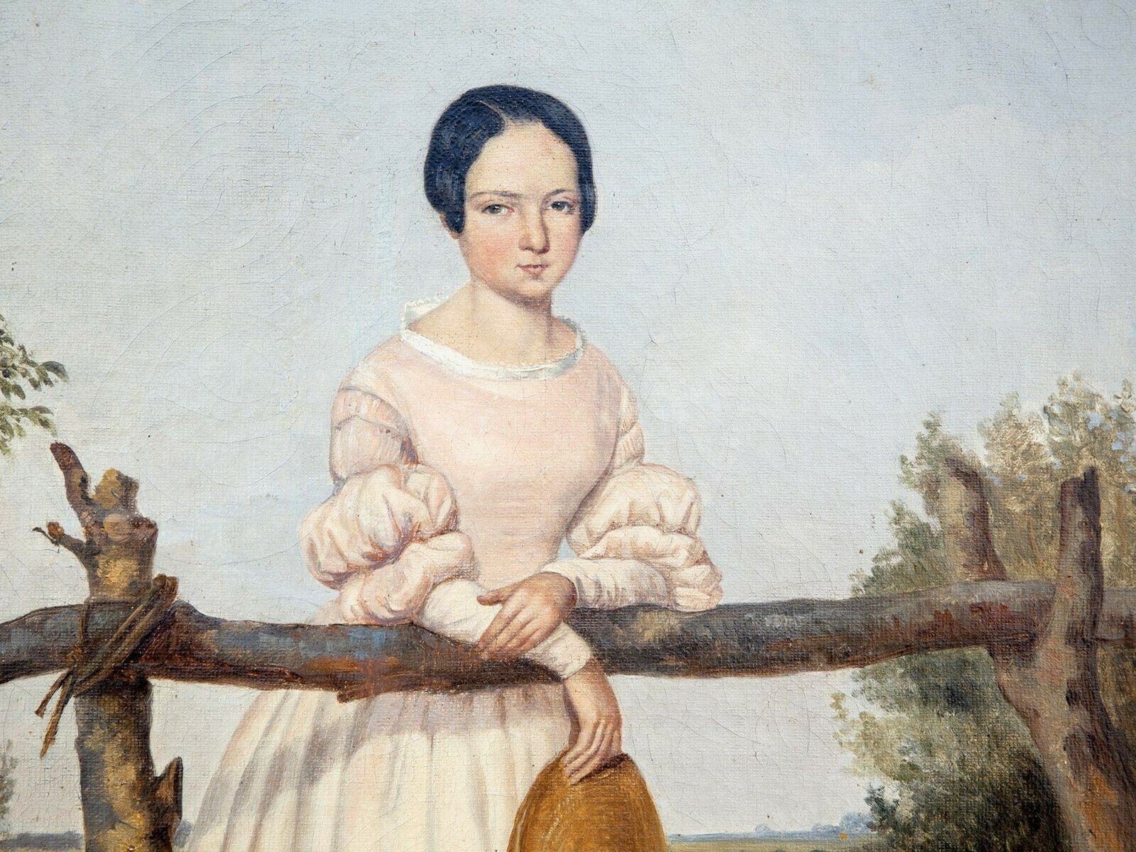 Early 19thc. Oil Portrait Of Woman In Countryside photo for sale