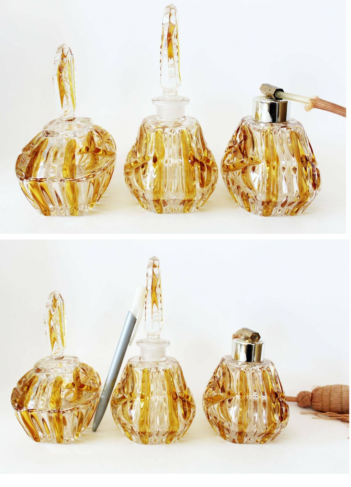 Set Of 3 Piece Art Deco Crystal Perfume Box And Atomiser Amber Glass Lidded Bohemian Glass Czechoslovakia Kristal Pressed Glass photo Home Decor