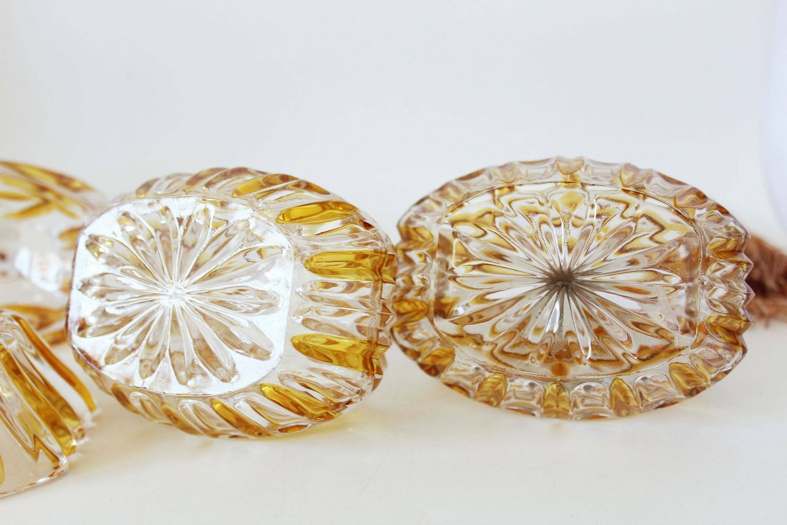 photo furniture Set Of 3 Piece Art Deco Crystal Perfume Box And Atomiser Amber Glass Lidded Bohemian Glass Czechoslovakia Kristal Pressed Glass