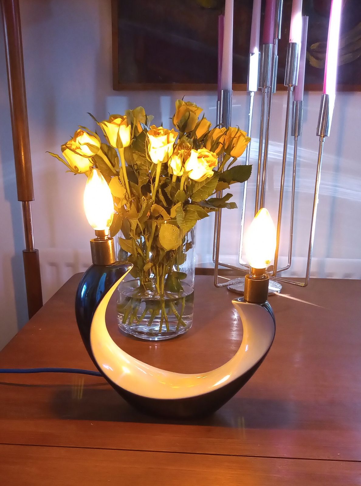 1960s Rare Verceram Ceramique French Iridescent Blue Black And Pearl Glazed Candle Table Lamp photo Lighting