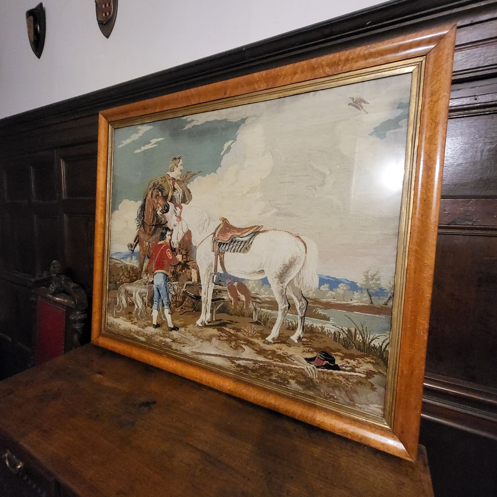 Large Hawking Scene Framed Woolwork Tapestry photo furniture