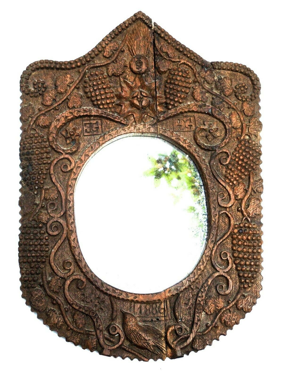 19thc French Folk Art Mirror With Carved Frame
