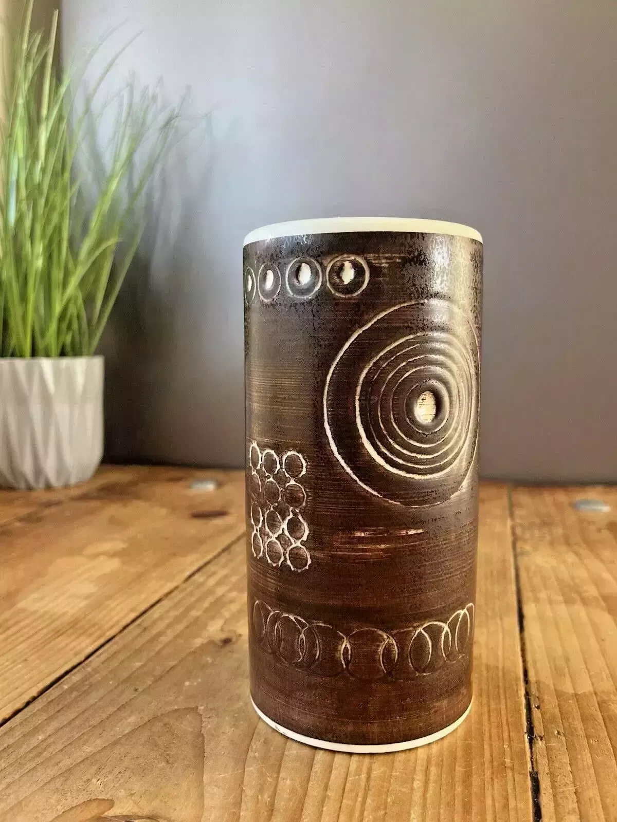 photo for sale Rare 60's Mid Century Swedish Rorstrand Brown Sarek Geometric Stoneware Vase Mcm