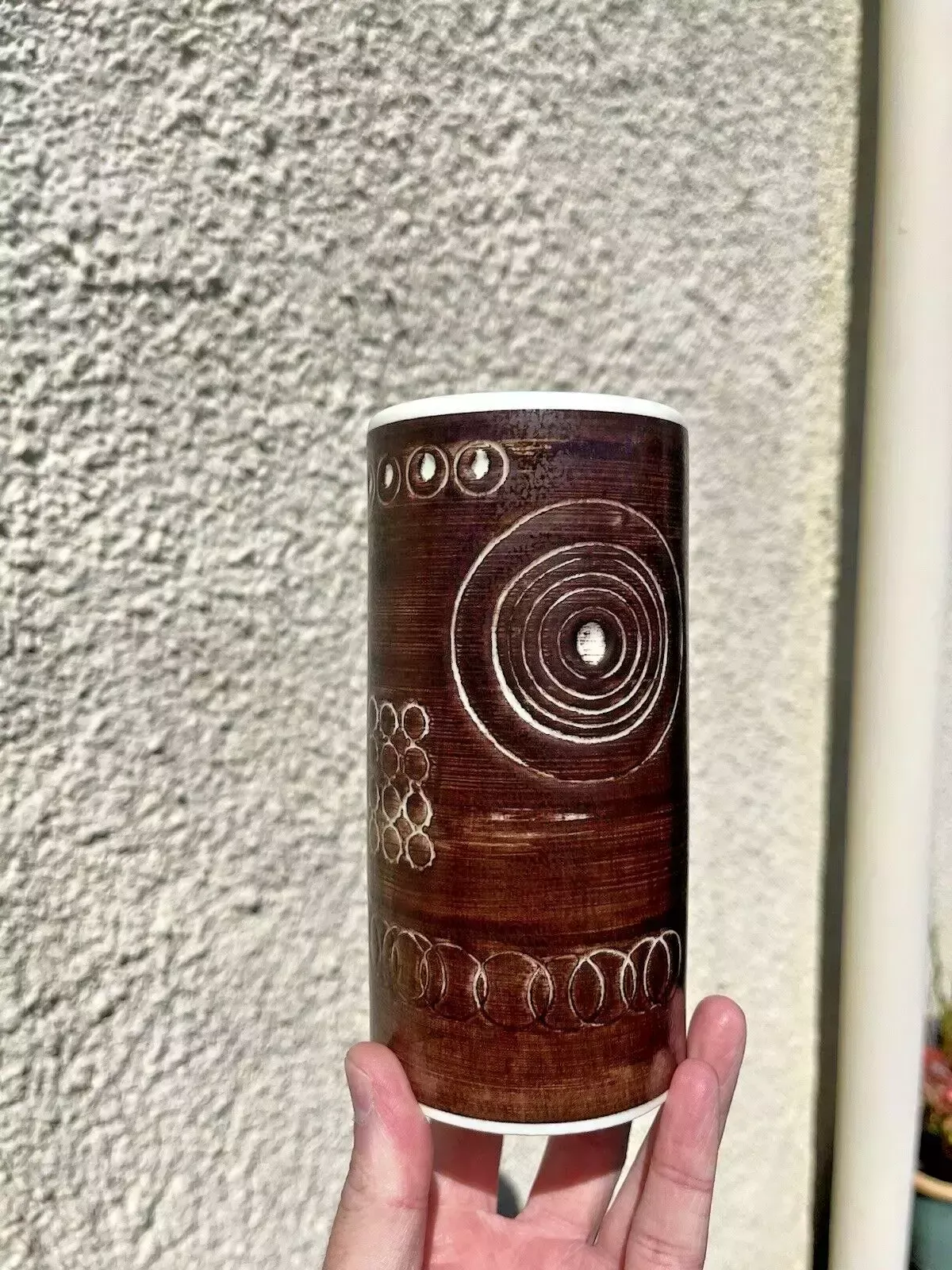 95.0 Rare 60's Mid Century Swedish Rorstrand Brown Sarek Geometric Stoneware Vase Mcm photo