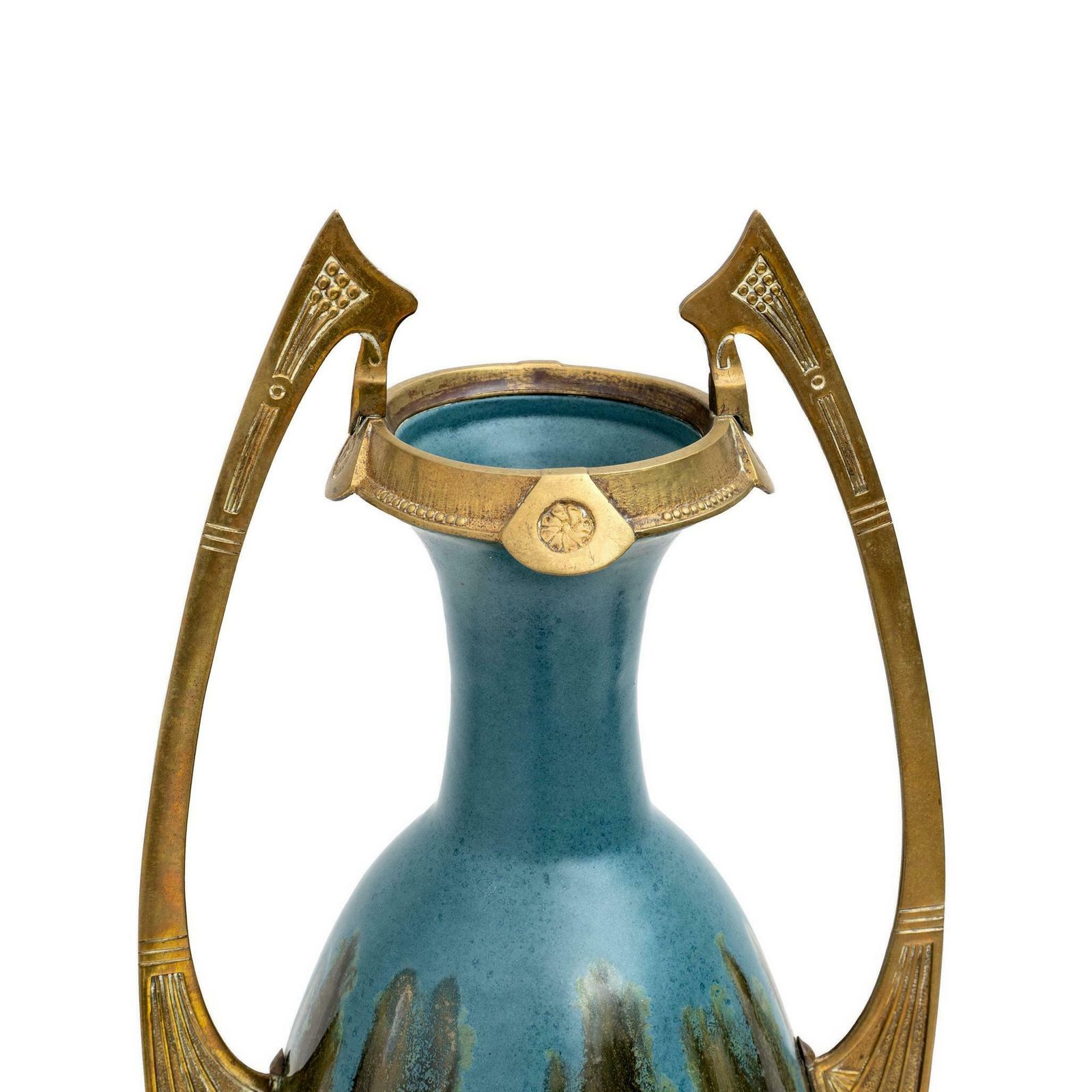 Pair Of Art Nouveau Jugendstil Bronze And Ceramic Vases Otto Eckman Style, 1900s photo for sale
