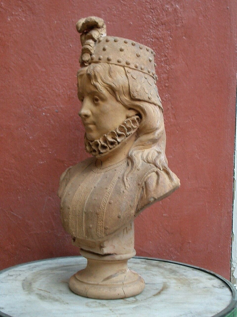 Late 19th C. Signed Terracotta Bust Of Woman In Elizabethan Costume photo Art