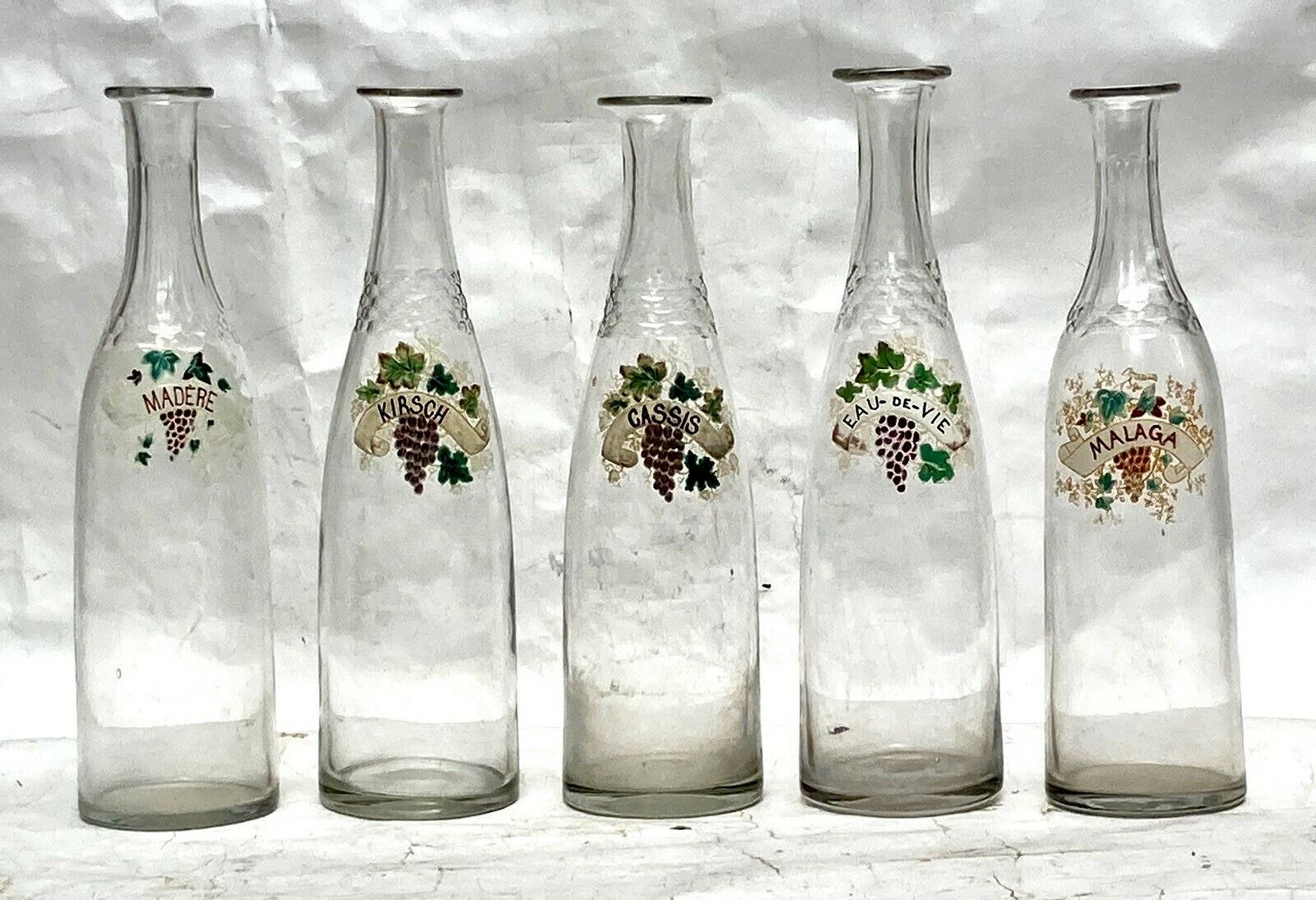 Set Of 5 Vintage Restaurant Decanters With Handpainted Labels From France photo furniture