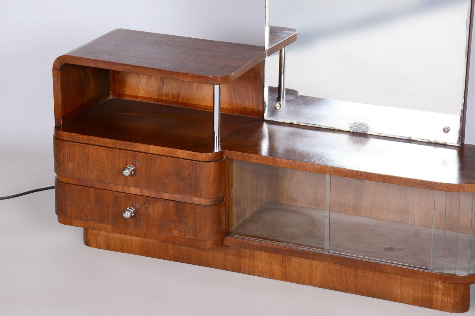 Restored Art Deco Dressing Mirror, By R. Slezak, Glass, Walnut, Czech, 1930s photo 1500.0
