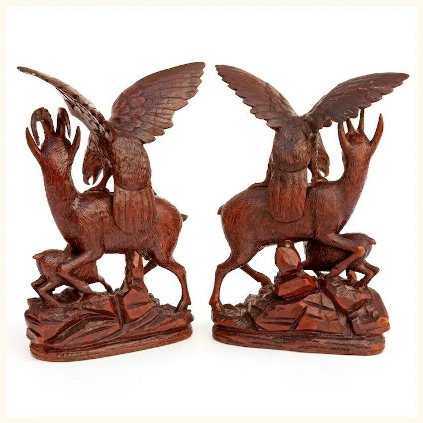 Pair Of Black Forest Carvings Of Stags Fawns & Eagles C. 1900 photo furniture