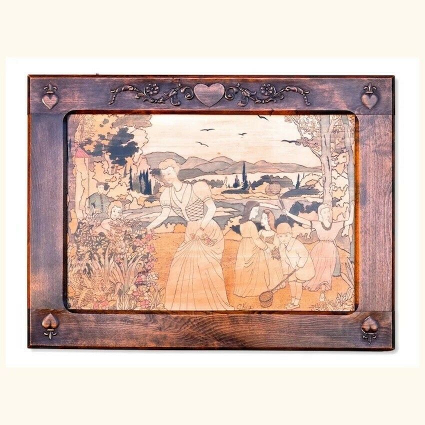 French 'Pokerwork' Picture In Carved Frame