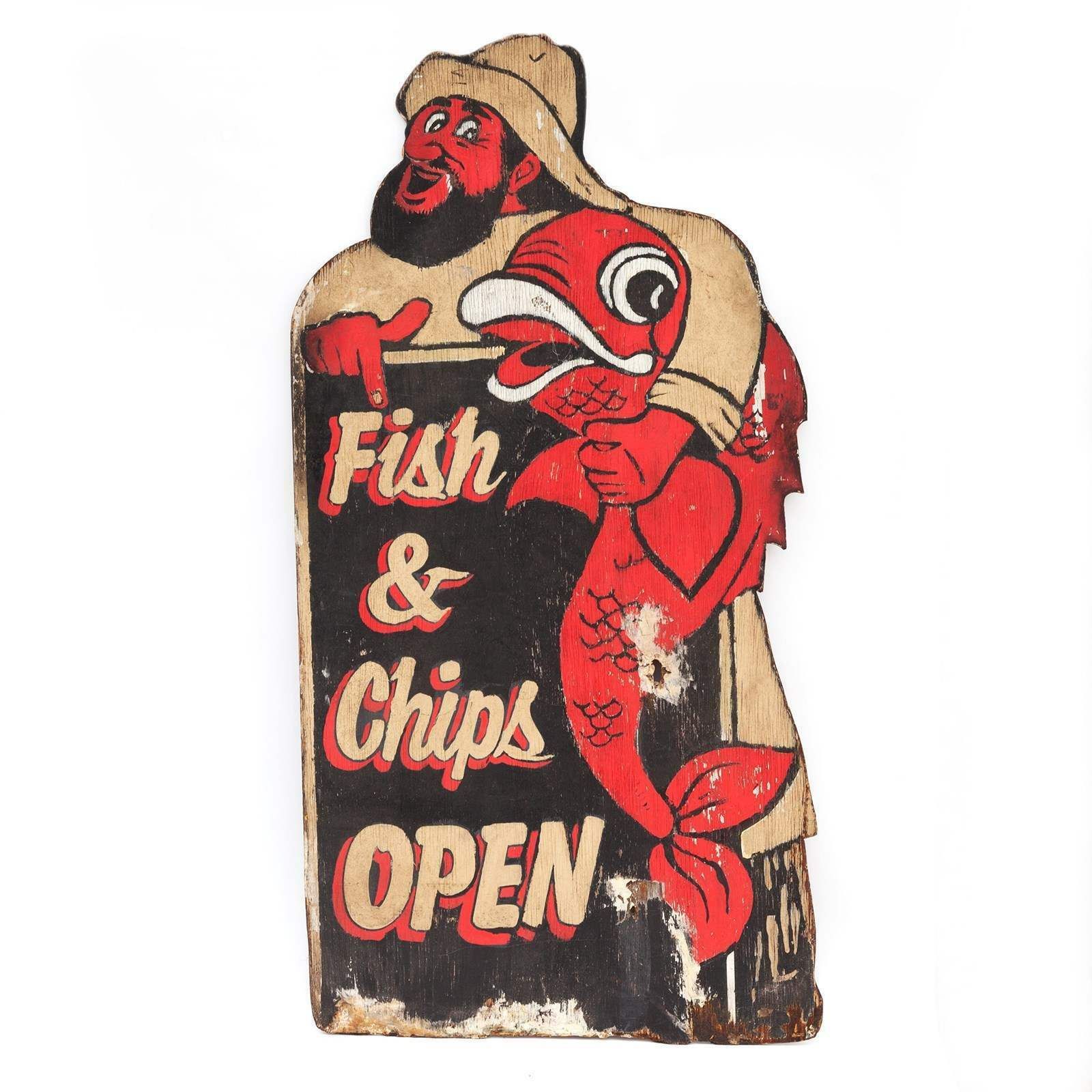 Double Sided Painted Plywood Sign 'Fish & Chips Open'   Fisherman & Giant Cod photo furniture