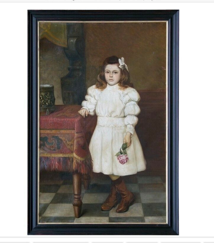 Large 19th C Oil Painting Of Young French Girl