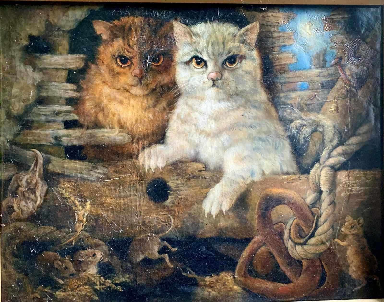 19th Century Oil Painting Of 2 Cats On A Night Hunt photo furniture