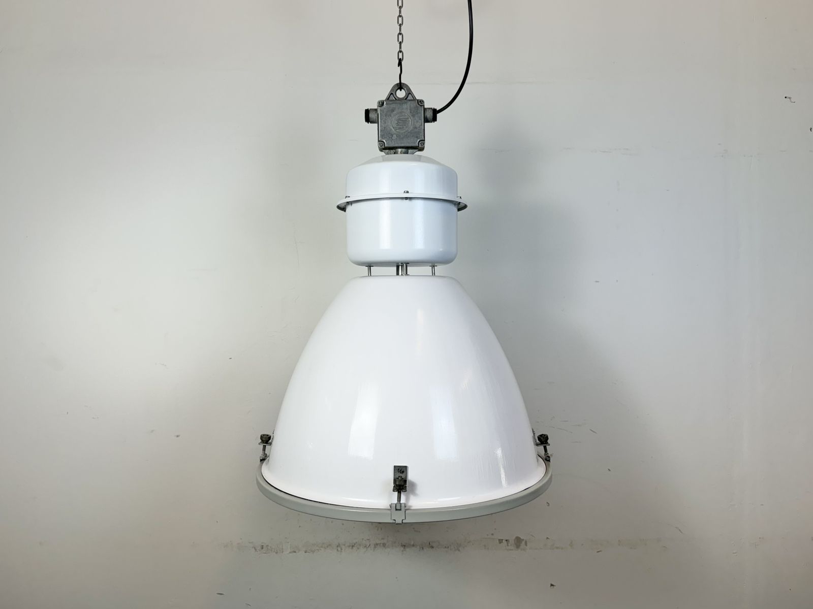 Large White Enamel Industrial Factory Lamp With Glass Cover, 1990s, 3x photo for sale