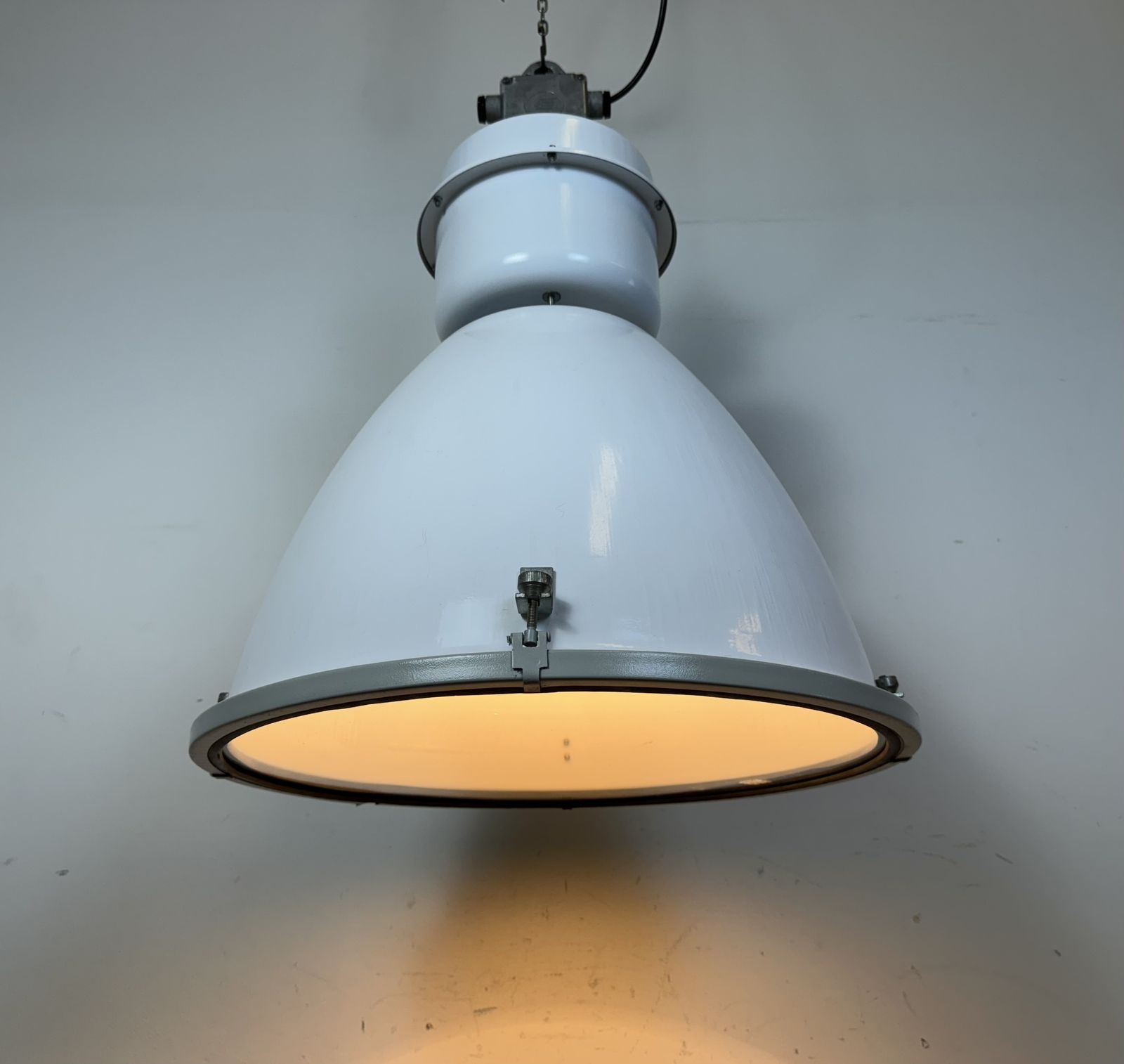 photo for sale Large White Enamel Industrial Factory Lamp With Glass Cover, 1990s, 3x
