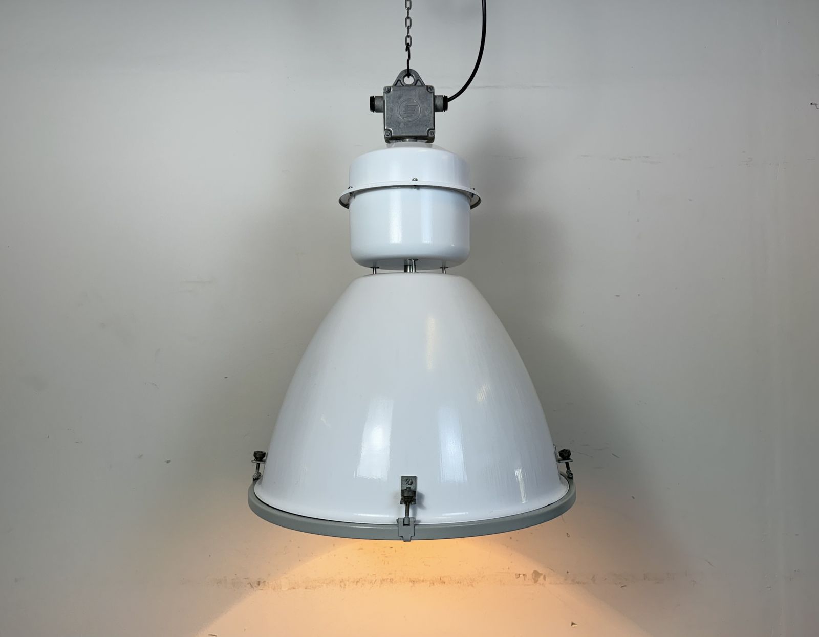 photo buy Large White Enamel Industrial Factory Lamp With Glass Cover, 1990s, 3x