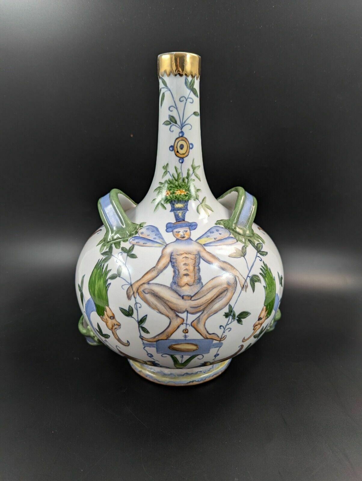 Antique French Armonial Double Handled Faience Flask, 19th Century photo 700.0