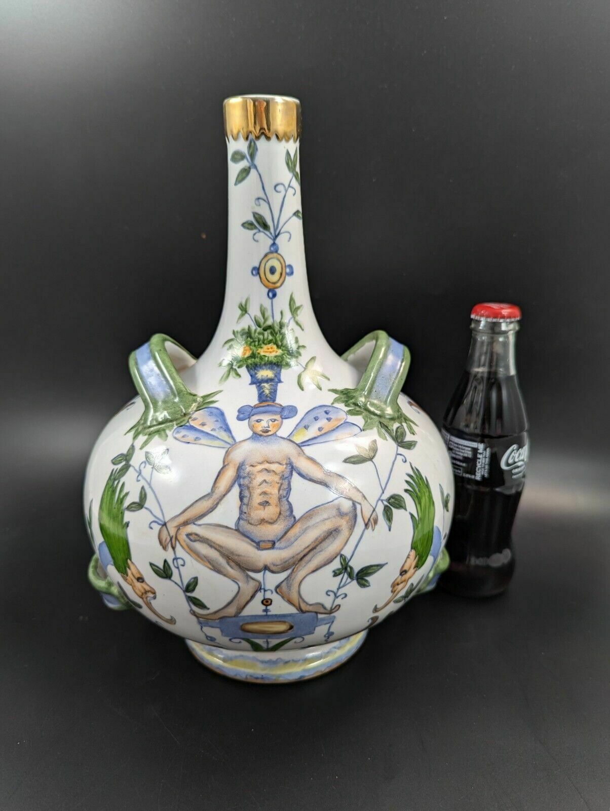 photo for sale Antique French Armonial Double Handled Faience Flask, 19th Century