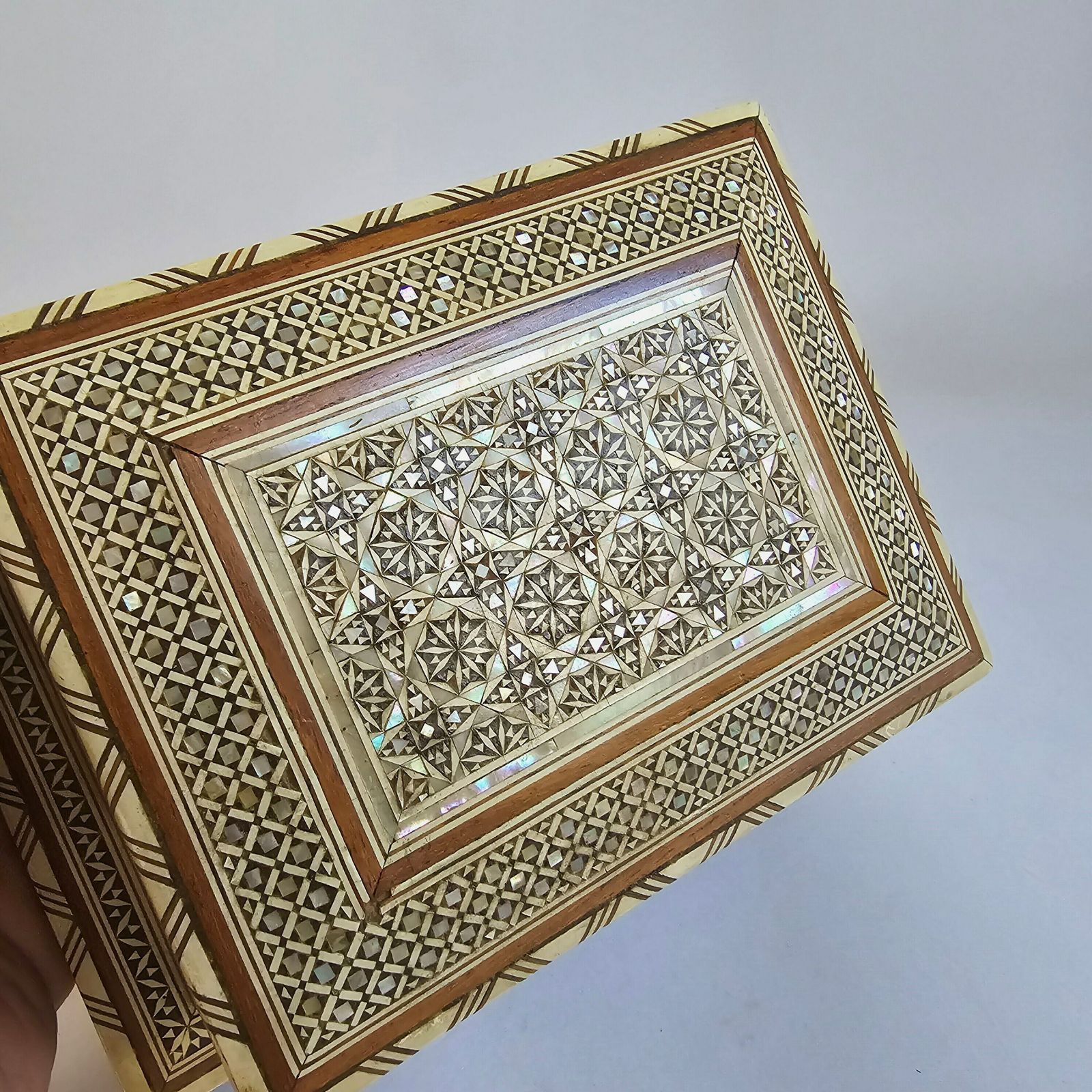 Vintage Antique Cigarette Box With Beautiful Mother Of Pearl And Brass Inlay photo for sale