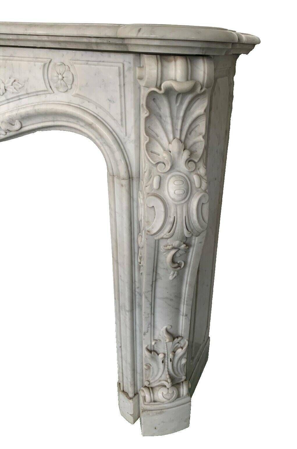 Louis XV Style Fireplace In White Carrara Marble 19th Century photo for sale