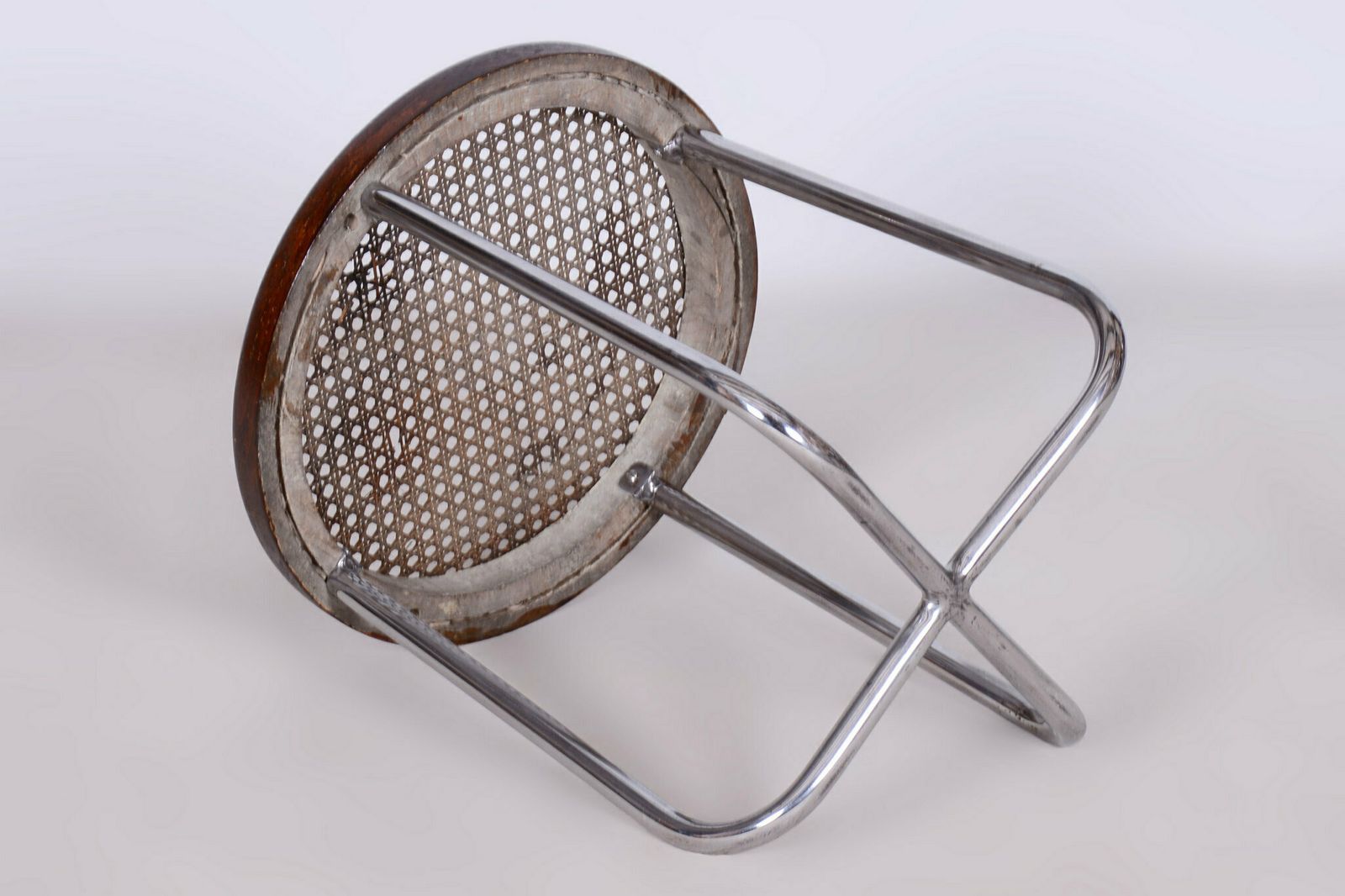 Restored Bauhaus Stool, By Robert Slezák, Chrome, Rattan, Czech, 1930s photo Furniture