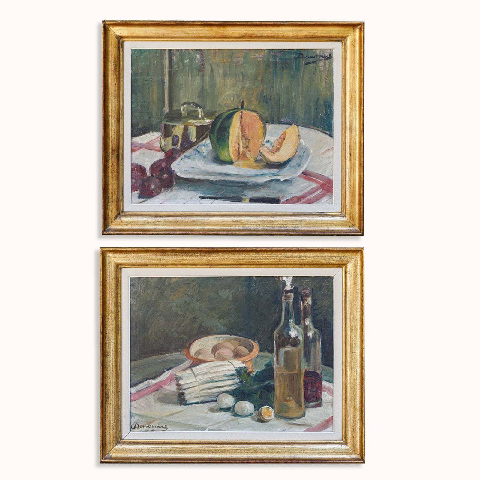 Still Life Oil Paintings Set "Asparagus & Eggs" And "Melon" By Alexandre Denonne