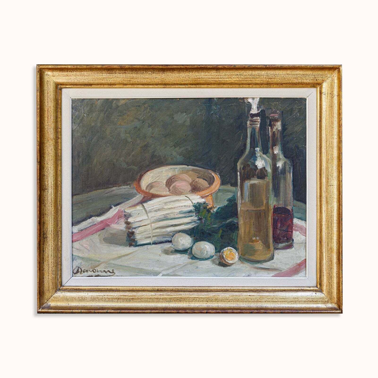 Still Life Oil Paintings Set "Asparagus & Eggs" And "Melon" By Alexandre Denonne photo vintage