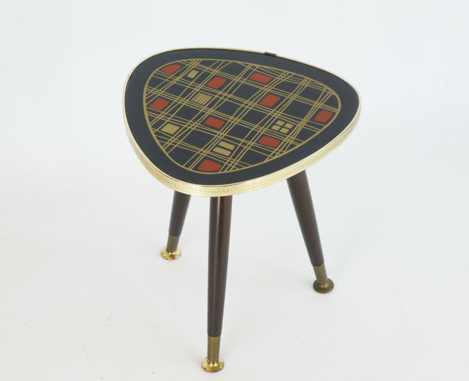 Mid Century Red, Gold & Black 60’s Kidney Plant Stand With Glass Top, Rare Formica Colourful Vintage Plant Table With Brass, Cute Tripod