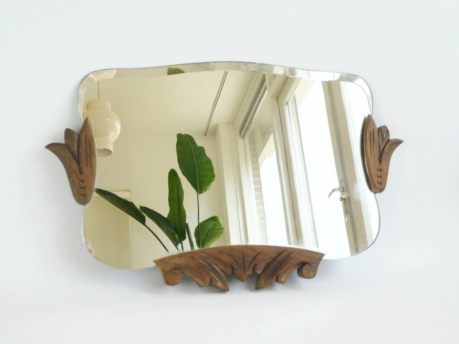 Beautiful Art Nouveau Unframed Wall Mirror With Wooden Ornaments, Jugendstil Beveled Glass, Antique Wall Hanging