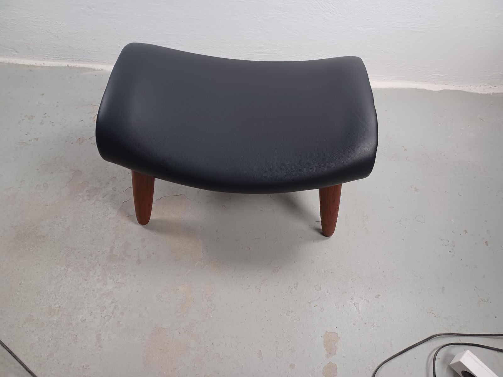 photo for sale Fully Restored Danish Ottoman In Teak Reupholstered In Black Leather, 1960s