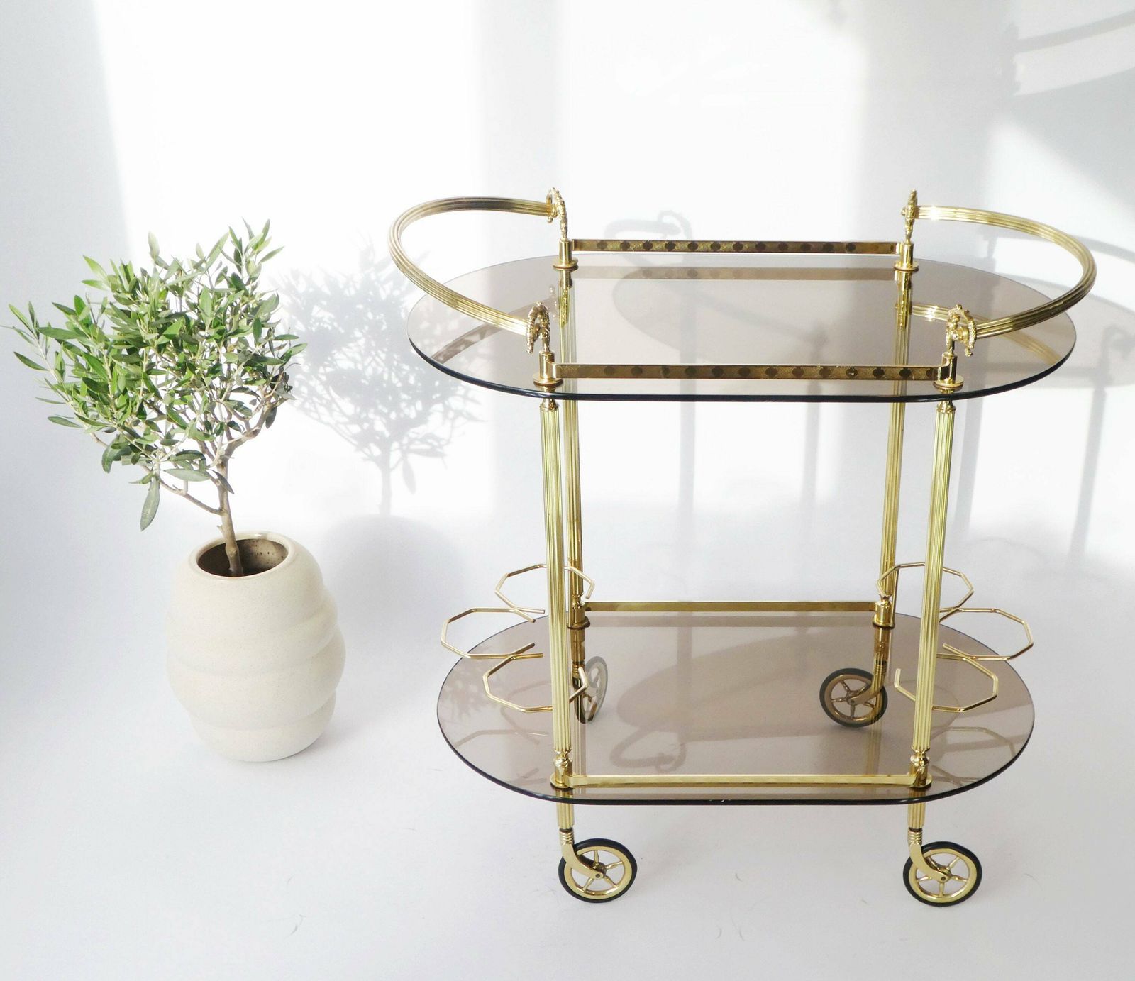 Vintage Unique Neoclassical Oval Brass Bar Cart, 1960's Ornate Trolley With Smoked Glass, Hollywood Regency Cocktail Cart, Tea Cart